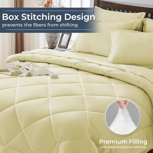 HEVUMYI 7-Piece Queen Comforter Set, Cream Yellow Bed in a Bag