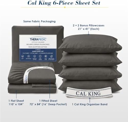 Therapedic 100% Egyptian Cotton 6 Pcs California King Sheets Set (Charcoal)