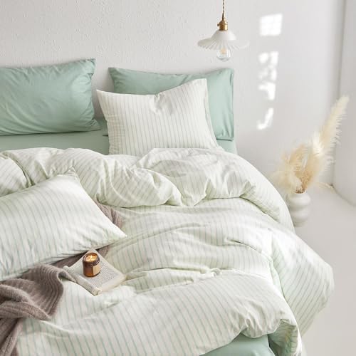Wake In Cloud Striped Cotton Duvet Cover Set, Aqua White, Queen