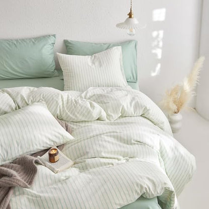 Wake In Cloud Striped Cotton Duvet Cover Set, Aqua White, Queen