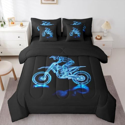 Feelyou Blue Motocross Comforter Set with Sheets 7 Piece King Size Dirt Bike Bedding Set for Kids Boys Girls Neon Rider Bed in a Bag Off-Road Racing Room Decor Motorcycle Art Soft Lightweight