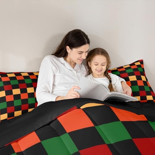 Feelyou Checkered Retro Comforter Set All Season Geometric Vintage Bedding Set with 1 Pillow Cases Red Green Orange Kids Twin Bedclothes Modern Groovy Aesthetic Bedroom Decor Duvet Quilt