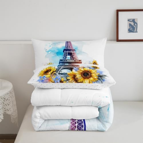 Eiffel Tower Comforter Set Twin Size for Girls Women French Eiffel Tower Bedding Pink Purple Tie-Dye Print Bedding Comforter Sets Romantic Paris Decor for Bedroom Duvet Insert French Style Quilt