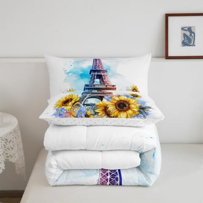 Eiffel Tower Comforter Set Full Size for Girls Women French Eiffel Tower Bedding Pink Purple Tie-Dye Print Bedding Comforter Sets Romantic Paris Decor for Bedroom Duvet Insert French Style Quilt
