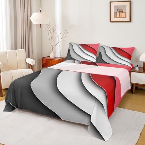 Feelyou Abstract Ombre Red Gray White Bed Sheets Men Adults Teens Ocean Waves Striped Sheet Set Kids Boys Girls Modern Gradient Contemporary Bed Set Bedroom Collection 4Pcs Full Size