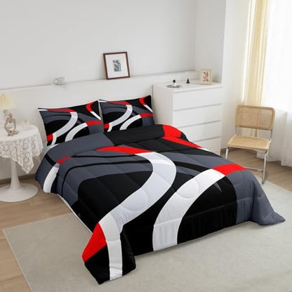 Feelyou Geometric Circle Comforter Set Red Grey and Black Comforter for Kids Boys Girls Teens Geometrics Bedding Set Breathable Abstract Art Duvet Set Modern Luxury Room Decor Quilt Set King Size
