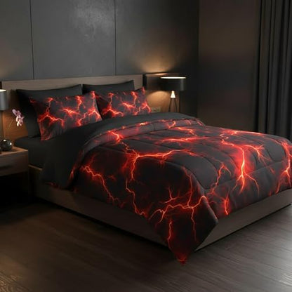 QOOMO Red Lightning 7 Pieces Comforter Set Queen,Neon Bedding Set for Kids
