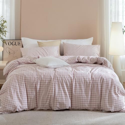 JIYUAN Queen Washed Cotton Duvet Cover Set, 3-Piece,Classic Gingham