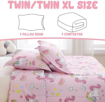 Yibeizi Pink Unicorn Bed Comforter Set for Girls Twin Size Bedding