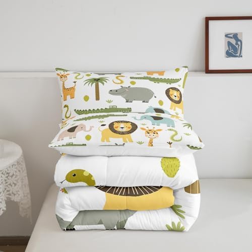 Feelyou Wild Animals Comforter Set Safari Animals Print Comforter for Boys Girls Teens Cute Hippo Crocodile Lion Bedding Set Kids Cartoon Elephant Giraffe Duvet Set Room Decor Quilt Set Queen Size