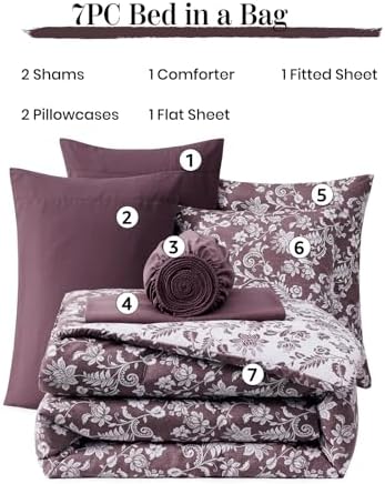 BLOOMHAVEN King Size Comforter Set-7 Pieces Purple Floral Bed in a Bag King