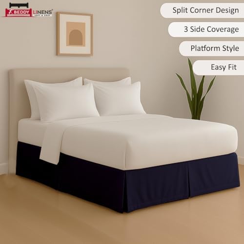 eBeddy Linens Split Corner Bed Skirt Queen 16 Inch Drop – 100% Microfiber, – Platform Style, Navy Blue Solid, 3-Sided Pleated, Tailored Fit, Hidden Storage, Hotel Luxury, Washable