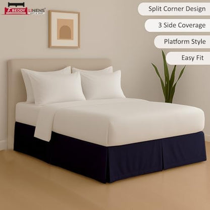 eBeddy Linens Split Corner Bed Skirt Queen 16 Inch Drop – 100% Microfiber, – Platform Style, Navy Blue Solid, 3-Sided Pleated, Tailored Fit, Hidden Storage, Hotel Luxury, Washable