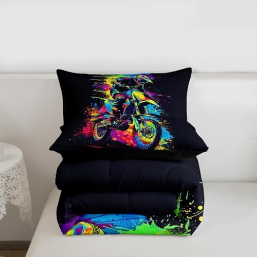 Feelyou Motocross Comforter Set King Dirt Bike Bedding Set for Kids Boys Girls Colorful Splatter Art Duvet Quilt Motorcycle Bedroom Decor Extreme Sports Microfiber 3 Pcs with 2 Pillow Cases