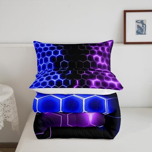 Feelyou Blue Purple Honeycomb Bedding Set Fluorescent Geometric Honeycomb Comforter Set Beehive Hexagon Comforter for Boys Girls Geometric Duvet Set King Size Quilt 3Pcs Boys