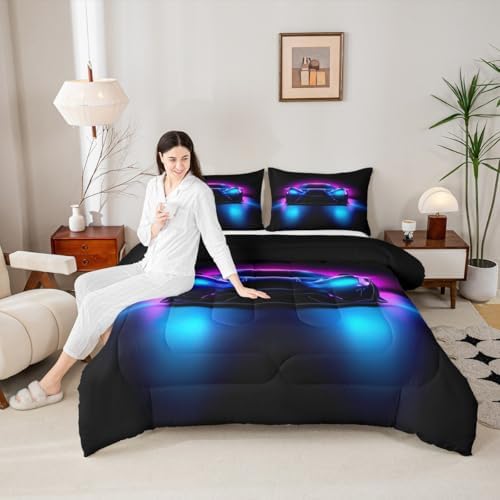 Erosebridal Boys Race Car King Size Bedding Set Kids Racing Car Comforter Extreme Sport Gaming Comforter Set for Boys Cool Car Room Decor Car Sports Quilt Set with 2 Pillowcases,Purple Blue and Black