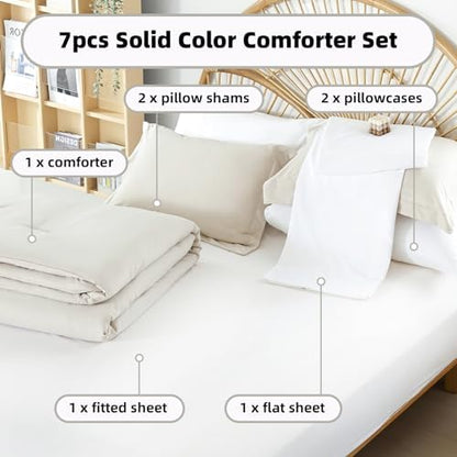 weigelia Beige King Comforter Set with Sheets - 7 Pieces Bed in a Bag King