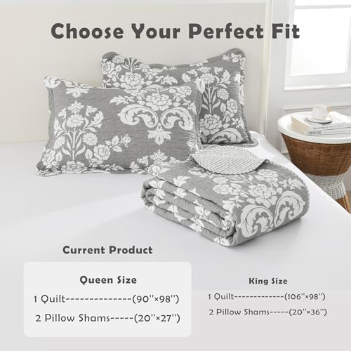 Queen Size Quilts - 100% Cotton Grey and White Quilt Set, 90x98