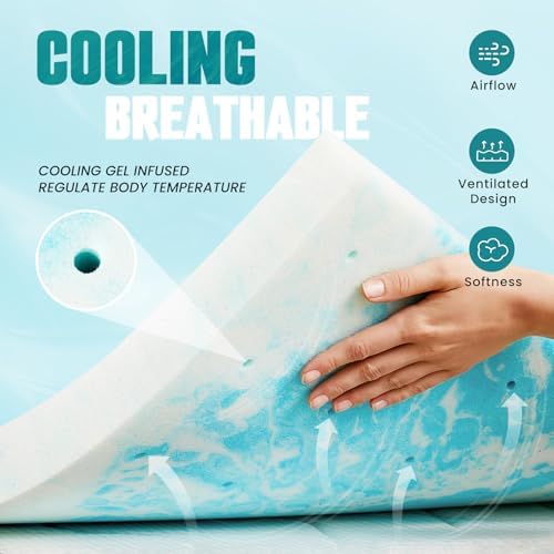 DUMOS CertiPUR-US Certified, Cooling Gel Infused, Breathable Soft Comfy Padding, Thick Memory Foam Bed Topper Pad, Mattress Toppers for Sleeper Sofa Couch RV Camper, Blue, 2 Inch, Full Size