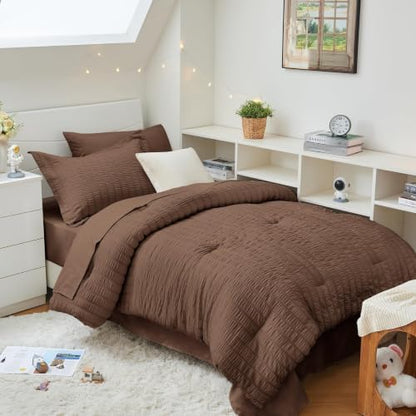 HYMOKEGE Dark Brown Twin XL Comforter Set Seersucker 5 Pieces, All Season Luxury Bed in a Bag for Bedroom, Bedding Set with Comforter, Sheets, Pillowcase & Sham