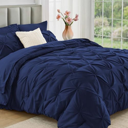 JOLLYVOGUE Queen Comforter Set 7 Pieces - Bed in a Bag Queen for All Season, Pintuck Bedding Comforter Sets with Comforter, Flat Sheet, Fitted Sheet and Pillowcases & Shams, Navy