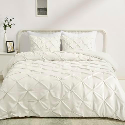 Amazon Basics All-Season Down-Alternative 3-Piece Comforter Bedding Set, Warm Soft Lightweight Microfiber, Pinch Pleat Design with Piped Edges, King, Cream