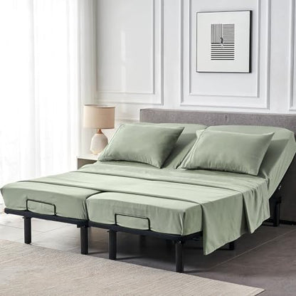 Kingnex Split Queen Sheets for Adjustable Bed Soft 1800 Microfiber 5 Pieces Include 2 30x80 Fitted Sheets 1 Flat Sheet 2 Queen Size Pillowcases Sage