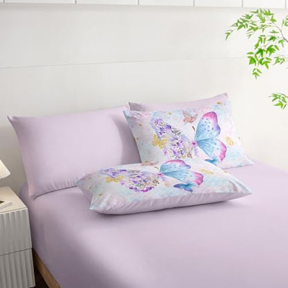 7Pcs Cartoon Butterfly Comforter Set Watercolor Printed Bedding Set with 1 Comforter, 1 Flat Sheet, 1 Fitted Sheet and 4 Pillowcases for Bedroom All Season(Butterfly-3 Full)