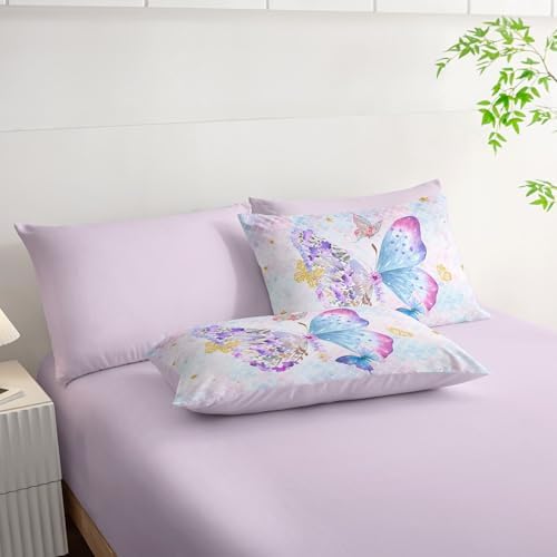 7Pcs Cartoon Butterfly Comforter Set Watercolor Printed Bedding Set with 1 Comforter, 1 Flat Sheet, 1 Fitted Sheet and 4 Pillowcases for Bedroom All Season(Butterfly-3 Queen)