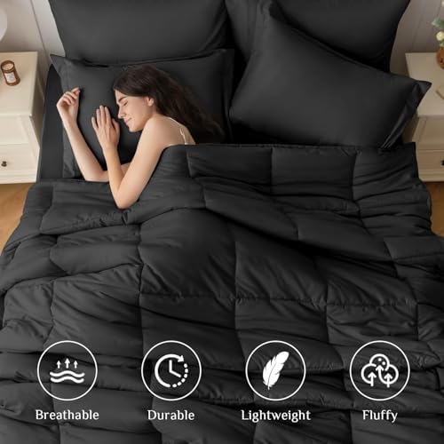 JOLLYVOGUE California King Comforter Set, Ultra-Soft Bed in a Bag Cal King Size 7 Pieces, Oeko-TEX Certified Bedding Set with Down Alternative Comforter, Sheets, Pillowcases & Shams, Black