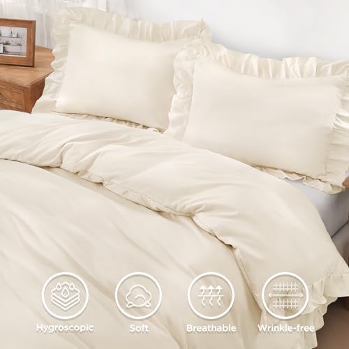 Andency Beige Ruffle Duvet Cover Queen, Shabby Chic Farmhouse Bedding Set