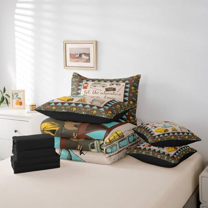 Erosebridal Camper Accessories 7 Piece Bedding for Travel Trailers,Aztec Farmhouse Style Comforter Set Queen Bed in a Bag for Kids Boys Girls,Happy Camping Bed Sheets,Bear Travel Car Down Comforter