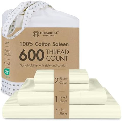 Threadmill 600TC Cotton King Sheet Set, Sateen, Damask Stripe, Cream
