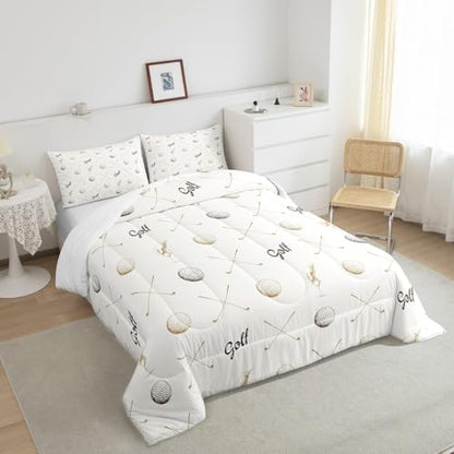 Golf Comforter Set Full Size for Kids Teens Adults Men Home Room Decor,Ball Sports Game Lovers Bedding Set 3pcs,Gray Brown Sketch Golf Quilt Set Seasons Soft Bedspread with 2 Pillowcases
