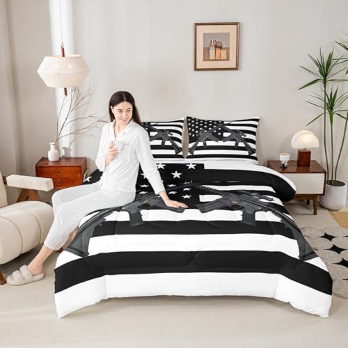 American Flag Comforter Set Twin Size Machine Gun Down Comforter for Kids Teens Adult Men Bedroom USA Federations Stars Stripe Bedding Set United States Military Rifle Duvet Sets, Black and White