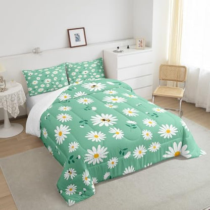 Homewish Girls Daisy Flowers Twin Size Comforter Set,Kids Daisy and Bee Decor All Season Bedding Set,Teens Green and White Comforter,Children Spring Floral Decor Quilt Set Bedroom Collection 2Pcs