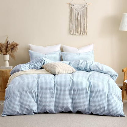TOCOMOA Gingham Duvet Cover Set 100% Washed Cotton Like Linen, Queen
