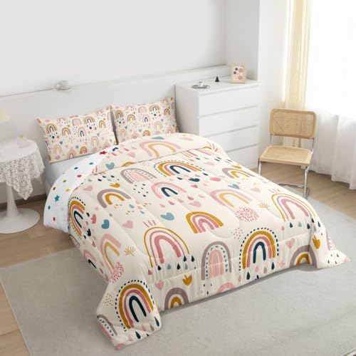 jejeloiu Lovely Kids Rainbows Comforter Set Full Size Cute Rainbow Bedding Set for Kids Boys Girls Cute Princess Duvet Quilt Bedroom Decor Microfiber 3 Pcs with 2 Pillow Cases
