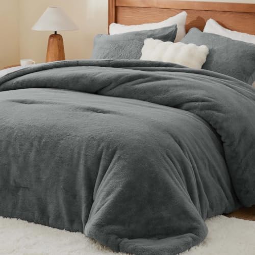 BEDELITE Faux Fur Twin Comforter Set Dark Grey,Warm Comforter for Winter