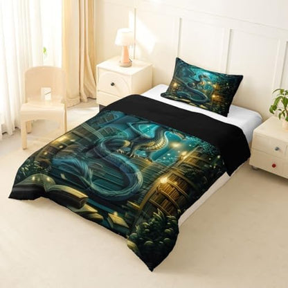 Feelyou Dragon Bedding Set Soft for Boys Girls, Magical Beast Comforter Set Twin Size Fantasy Animal Duvet Quilt Microfiber Wild Life Bedroom Decor Jungle Dragon 2 Pcs with 1 Pillow Cases