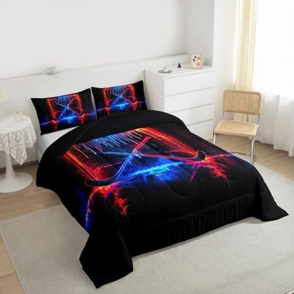 jejeloiu Ice Hockey Bedding Set Soft for Boys Girls, Ice Sports Games Comforter Set Full Size Hockey Player Duvet Quilt Microfiber Winter Sports Bedroom Decor 3 Pcs with 2 Pillow Cases