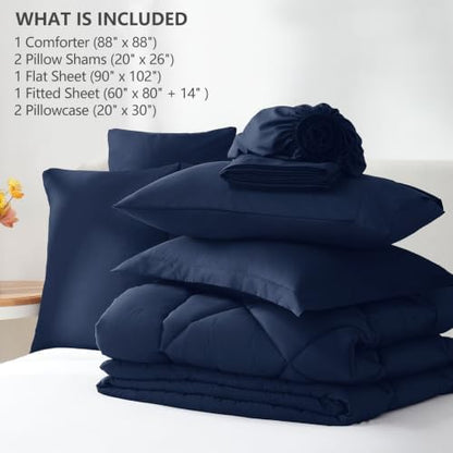 CozyLux Queen Comforter Set 88"x88" Navy - 7 Piece Bed in a Bag