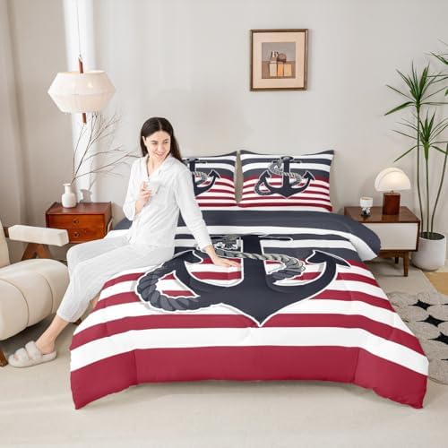 Nautical Anchor Comforter Set Twin Size,Black Red Stripes Bedding Set 2pcs for Kids Teens Boys Adults Room Decor,Sea Adventure Themed Quilt Set Geometric Abstract Duvet Insert,1 Pillowcase