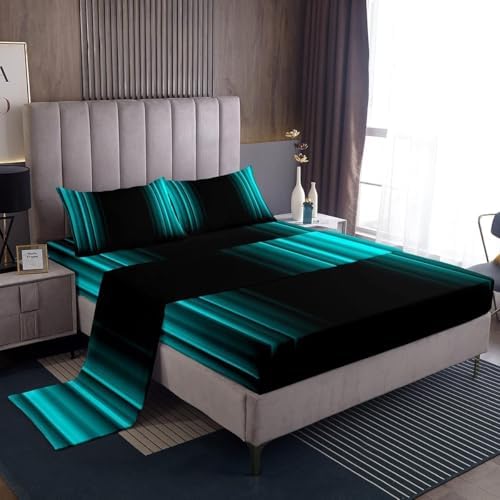 Geometric Abstract Ombre Bed Sheets Kids Teens Teal and Black Striped Sheet Set Decor Modern Fashion Bed Set Bedroom Collection 4Pcs King Size
