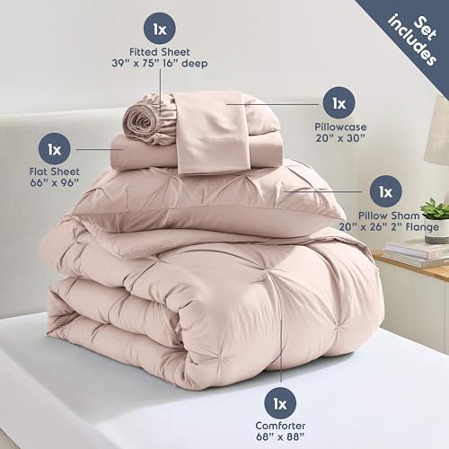 Nestl 7 Piece Twin Comforter Set – Blush Pink Pinch Pleated Bed in a Bag – Complete Twin Size Bedding Set with Sheets, Set of 2 Cooling Pillows, Pillowcase and Sham