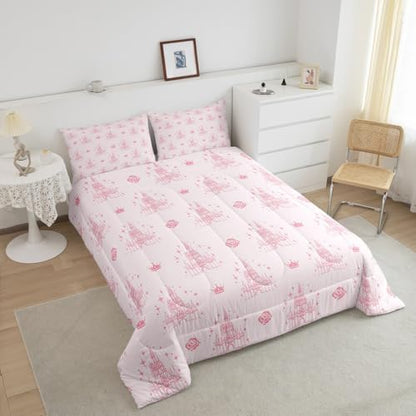 Manfei Dreamy Castle Comforter Set King Size, Pink Floral Crown Print Bedding Set 3pcs, Cute Magical Princess Down Comforter All Season, Kids Girls Room Decor, Soft and Breathable, 2 Pillowcases