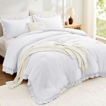 FUANNA Queen Comforter Set, 3 Pieces Bedding Sets, Ruffle Bed Set, White