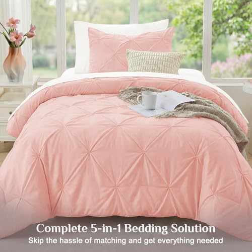 JOLLYVOGUE Twin Comforter Set 5 Pieces - Bed in a Bag Twin for All Season, Pintuck Bedding Comforter Sets with Comforter, Flat Sheet, Fitted Sheet and Pillowcases & Shams, Pink & Ivory