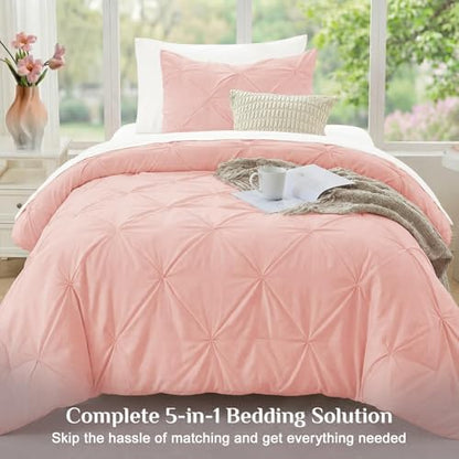 JOLLYVOGUE Twin Comforter Set 5 Pieces - Bed in a Bag Twin for All Season, Pintuck Bedding Comforter Sets with Comforter, Flat Sheet, Fitted Sheet and Pillowcases & Shams, Pink & Ivory