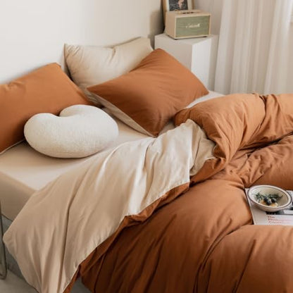 LifeTB Jersey Knit Cotton Duvet Cover Set Twin XL Terracotta & Cream Beige